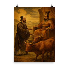 Mencius before a king with oxen poster on a plain backdrop in size 8"x10".