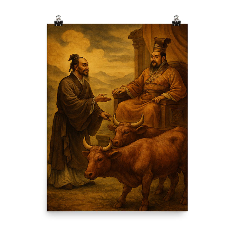 Mencius before a king with oxen poster on a plain backdrop in size 8