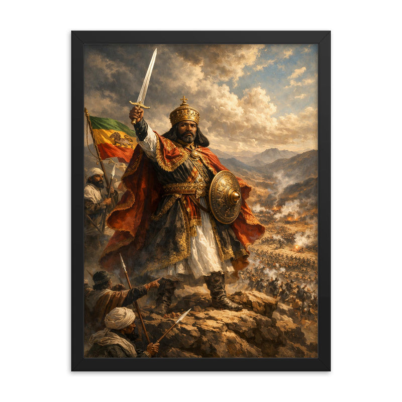 Menelik II at Adwa command ridge framed print on a plain backdrop in size 18