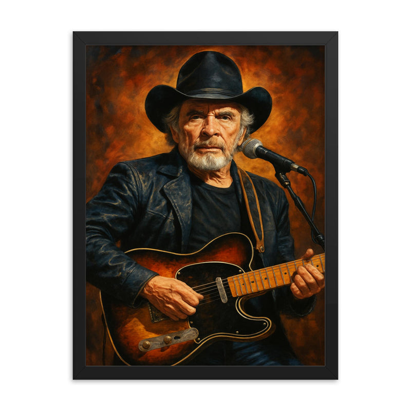 Merle Haggard framed print on a plain backdrop in size 18