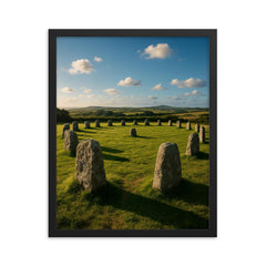 Merry Maidens Stone Circle Cornwall England framed print on a plain backdrop in size 16"x20".