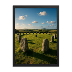 Merry Maidens Stone Circle Cornwall England framed print on a plain backdrop in size 18"x24".
