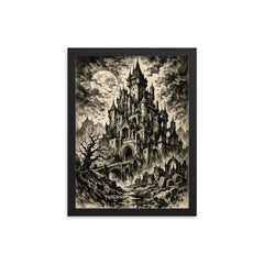 Mervyn Peake gothic castle ink portrait framed print on a plain backdrop in size 12"x16".