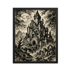 Mervyn Peake gothic castle ink portrait framed print on a plain backdrop in size 16"x20".