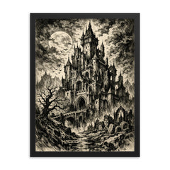 Mervyn Peake gothic castle ink portrait framed print on a plain backdrop in size 18"x24".