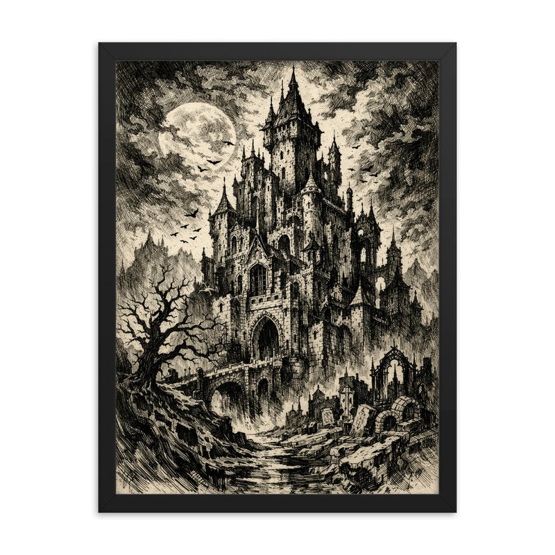 Mervyn Peake gothic castle ink portrait framed print on a plain backdrop in size 18