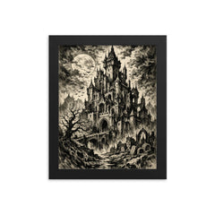 Mervyn Peake gothic castle ink portrait framed print on a plain backdrop in size 8"x10".
