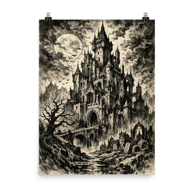 Mervyn Peake gothic castle ink portrait poster on a plain backdrop in size 8