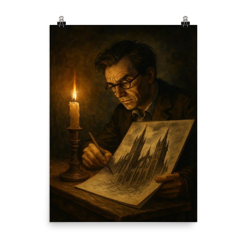 Mervyn Peake sketching gothic towers by candlelight poster on a plain backdrop in size 8