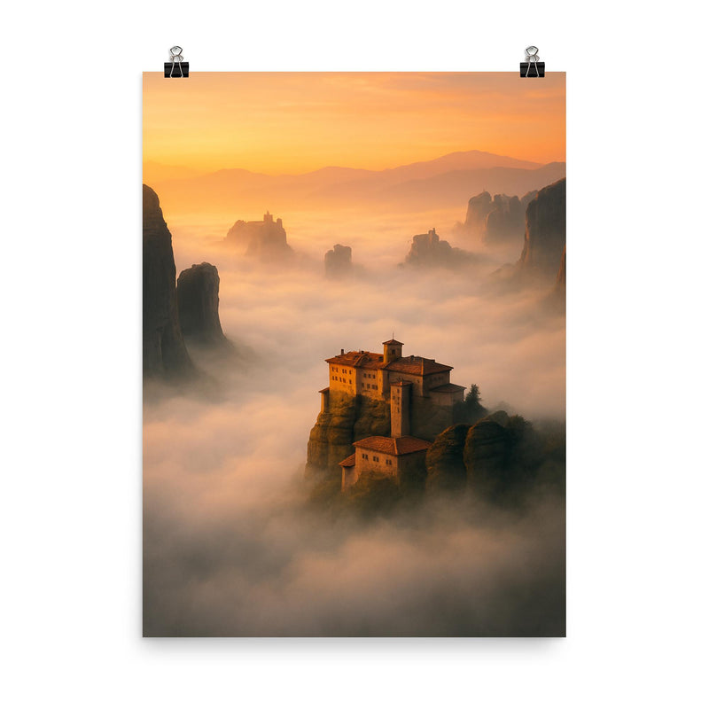 Meteora monasteries floating in sea fog poster on a plain backdrop in size 8