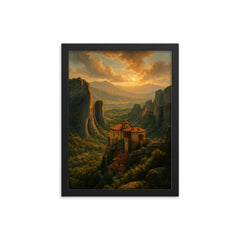 Meteora Monasteries Greece framed print on a plain backdrop in size 12"x16".