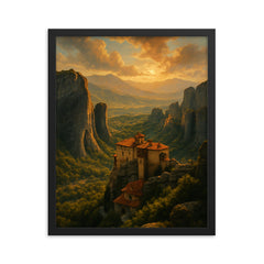 Meteora Monasteries Greece framed print on a plain backdrop in size 16"x20".