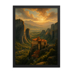 Meteora Monasteries Greece framed print on a plain backdrop in size 18"x24".