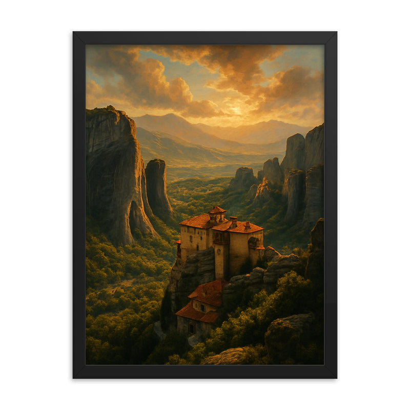 Meteora Monasteries Greece framed print on a plain backdrop in size 18