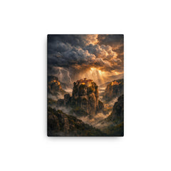 Meteora monasteries suspended in thundercloud light canvas print on a plain backdrop in size 12"x16".