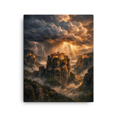 Meteora monasteries suspended in thundercloud light canvas print on a plain backdrop in size 16"x20".