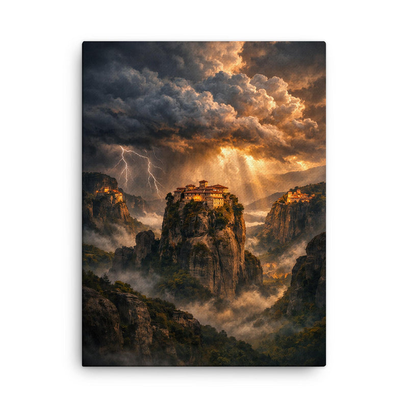 Meteora monasteries suspended in thundercloud light canvas print on a plain backdrop in size 18