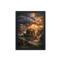 Meteora monasteries suspended in thundercloud light framed print on a plain backdrop in size 12"x16".