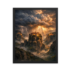Meteora monasteries suspended in thundercloud light framed print on a plain backdrop in size 16"x20".