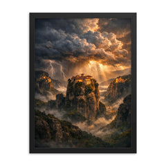 Meteora monasteries suspended in thundercloud light framed print on a plain backdrop in size 18"x24".