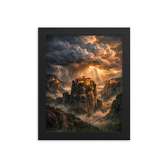 Meteora monasteries suspended in thundercloud light framed print on a plain backdrop in size 8"x10".