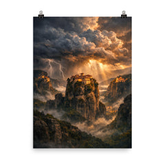 Meteora monasteries suspended in thundercloud light poster on a plain backdrop in size 8"x10".