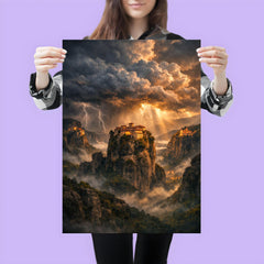 Meteora monasteries suspended in thundercloud light poster 3