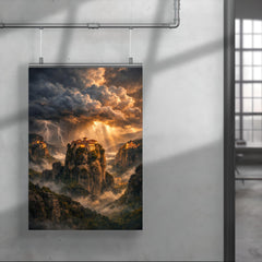 Meteora monasteries suspended in thundercloud light poster 4