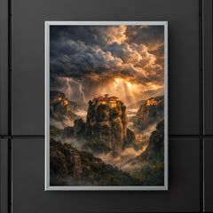 Meteora monasteries suspended in thundercloud light poster 5