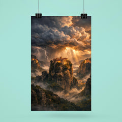 Meteora monasteries suspended in thundercloud light poster 6