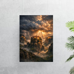 Meteora monasteries suspended in thundercloud light poster 7