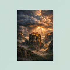 Meteora monasteries suspended in thundercloud light poster 8