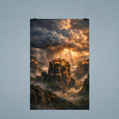 Meteora monasteries suspended in thundercloud light poster 9