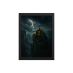 Meteora monastery in storm above cliffs framed print on a plain backdrop in size 12"x16".