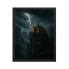 Meteora monastery in storm above cliffs framed print on a plain backdrop in size 16"x20".