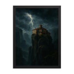 Meteora monastery in storm above cliffs framed print on a plain backdrop in size 18"x24".
