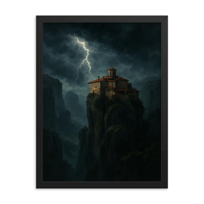 Meteora monastery in storm above cliffs framed print on a plain backdrop in size 18
