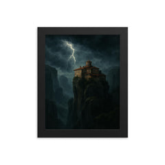Meteora monastery in storm above cliffs framed print on a plain backdrop in size 8"x10".