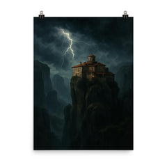 Meteora monastery in storm above cliffs poster on a plain backdrop in size 8"x10".