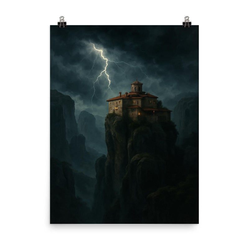 Meteora monastery in storm above cliffs poster on a plain backdrop in size 8