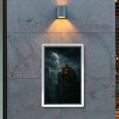Meteora monastery in storm above cliffs poster 2