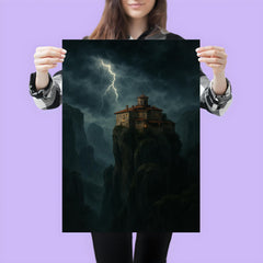 Meteora monastery in storm above cliffs poster 3