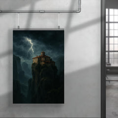 Meteora monastery in storm above cliffs poster 4