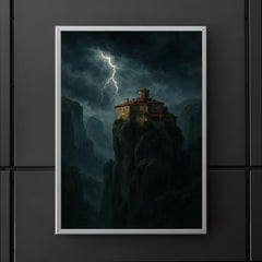 Meteora monastery in storm above cliffs poster 5
