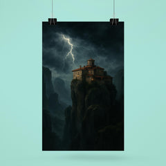 Meteora monastery in storm above cliffs poster 6