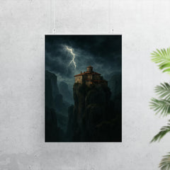 Meteora monastery in storm above cliffs poster 7