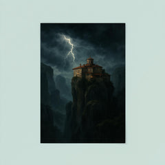 Meteora monastery in storm above cliffs poster 8