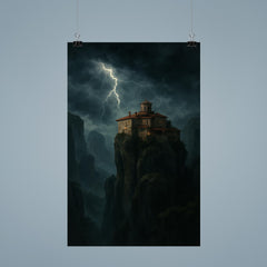 Meteora monastery in storm above cliffs poster 9