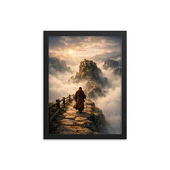 Meteora monk path above abyssal fog framed print on a plain backdrop in size 12"x16".