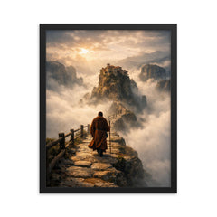Meteora monk path above abyssal fog framed print on a plain backdrop in size 16"x20".